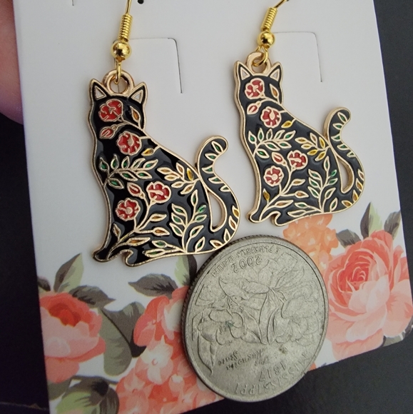 Gold-Tone Floral Black Cat Earrings - Picture 4 of 4